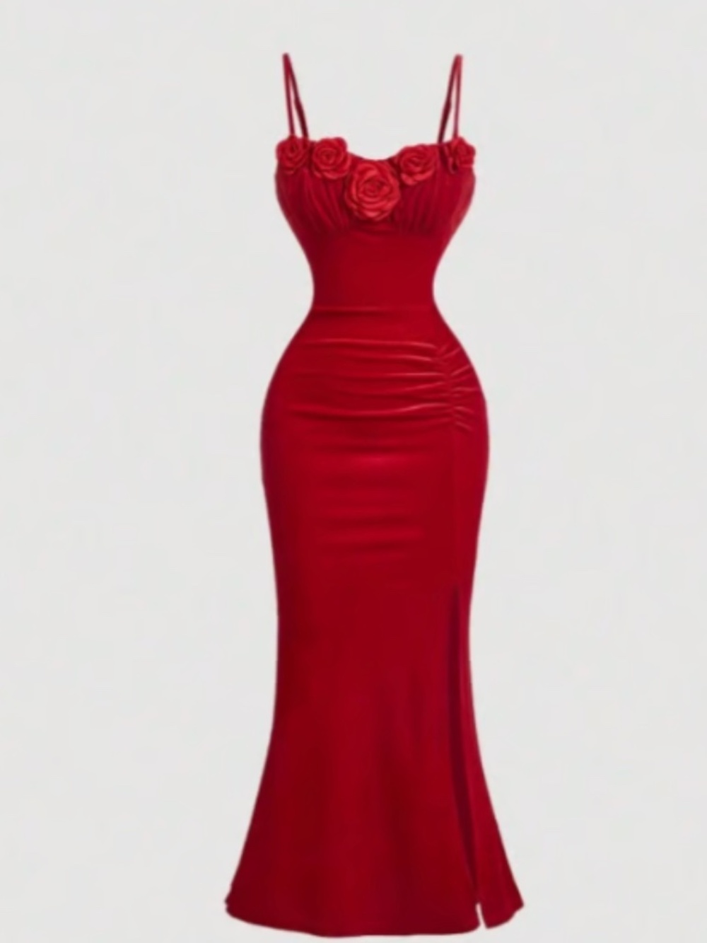 SHEIN MOD Red Velvet 3D Floral Rosette High Slit Maxi Dress Set Small Medium